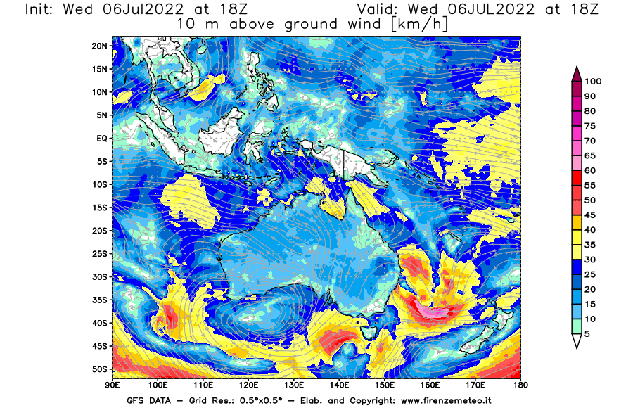 GFS analysi map - Wind Speed at 10 m above ground [km/h] in Oceania
									on 06/07/2022 18 <!--googleoff: index-->UTC<!--googleon: index-->