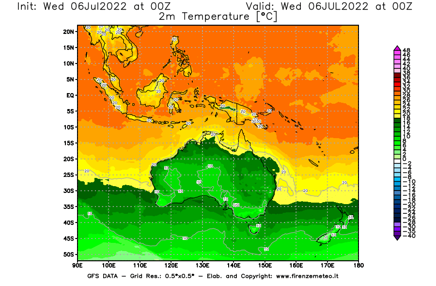 GFS analysi map - Temperature at 2 m above ground [°C] in Oceania
									on 06/07/2022 00 <!--googleoff: index-->UTC<!--googleon: index-->