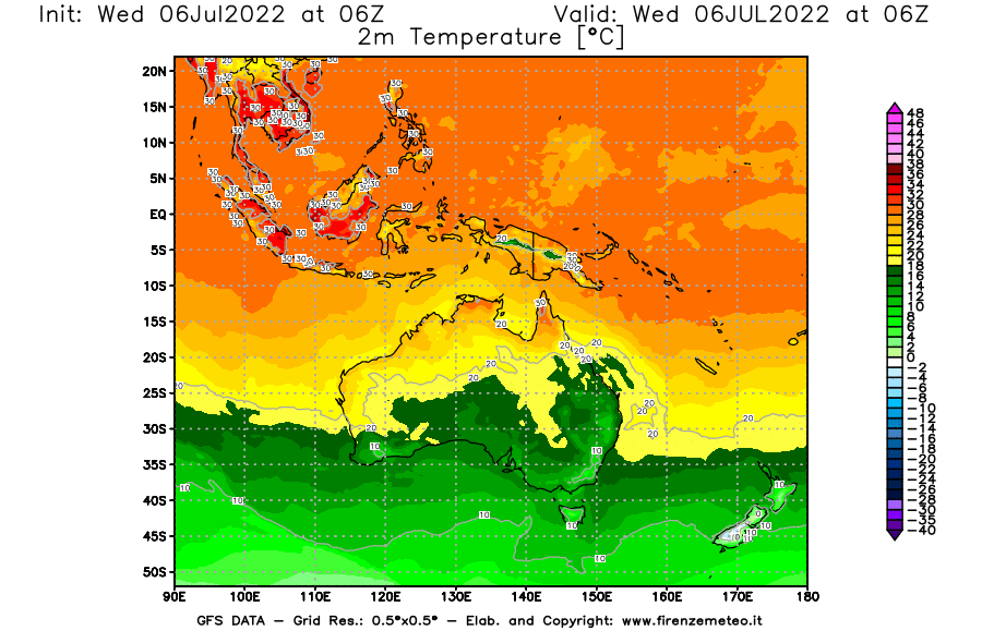 GFS analysi map - Temperature at 2 m above ground [°C] in Oceania
									on 06/07/2022 06 <!--googleoff: index-->UTC<!--googleon: index-->
