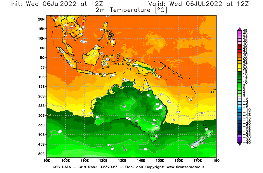GFS analysi map - Temperature at 2 m above ground [°C] in Oceania
									on 06/07/2022 12 <!--googleoff: index-->UTC<!--googleon: index-->