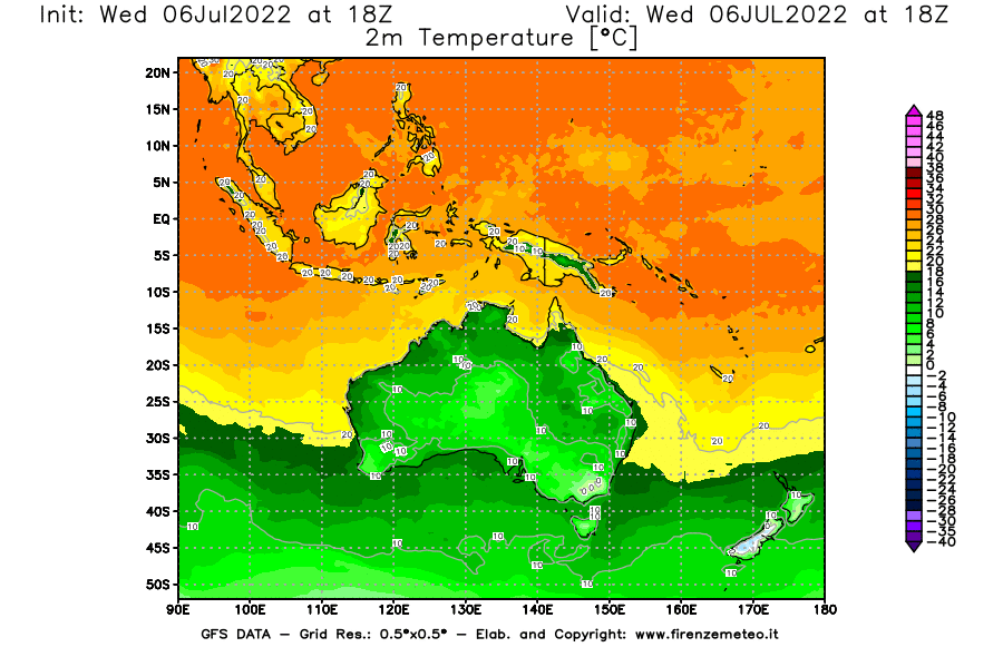 GFS analysi map - Temperature at 2 m above ground [°C] in Oceania
									on 06/07/2022 18 <!--googleoff: index-->UTC<!--googleon: index-->