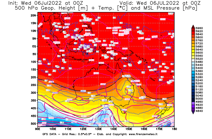 GFS analysi map - Geopotential [m] + Temp. [°C] at 500 hPa + Sea Level Pressure [hPa] in Oceania
									on 06/07/2022 00 <!--googleoff: index-->UTC<!--googleon: index-->