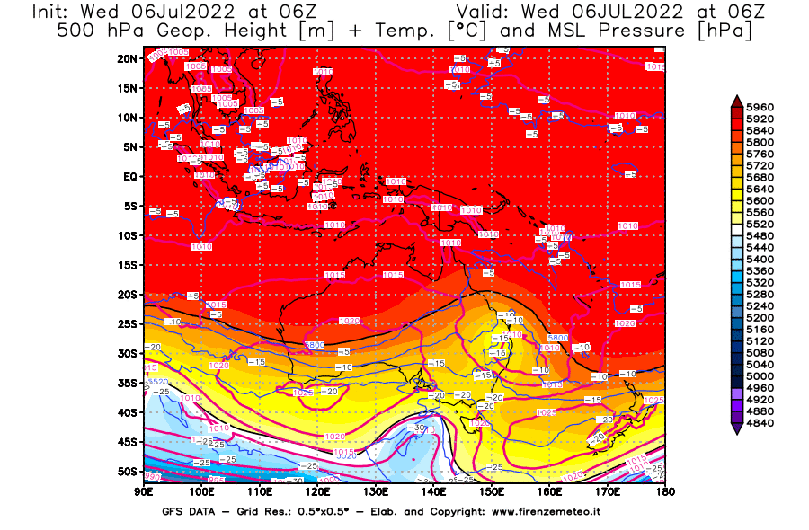 GFS analysi map - Geopotential [m] + Temp. [°C] at 500 hPa + Sea Level Pressure [hPa] in Oceania
									on 06/07/2022 06 <!--googleoff: index-->UTC<!--googleon: index-->