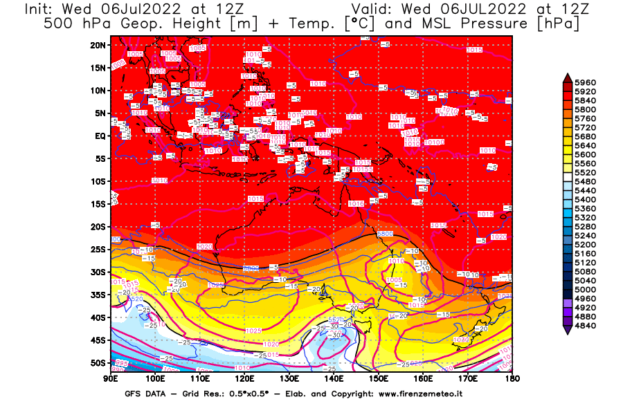 GFS analysi map - Geopotential [m] + Temp. [°C] at 500 hPa + Sea Level Pressure [hPa] in Oceania
									on 06/07/2022 12 <!--googleoff: index-->UTC<!--googleon: index-->