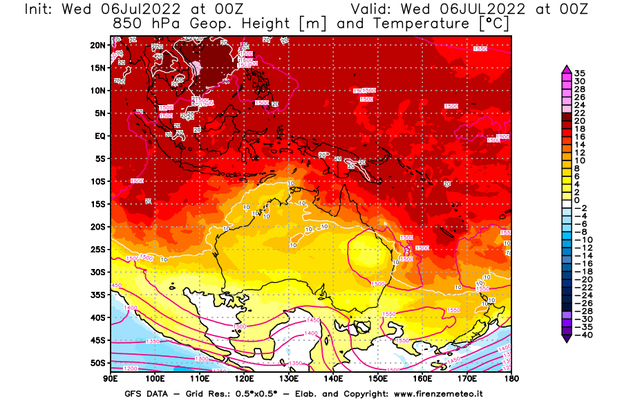 GFS analysi map - Geopotential [m] and Temperature [°C] at 850 hPa in Oceania
									on 06/07/2022 00 <!--googleoff: index-->UTC<!--googleon: index-->