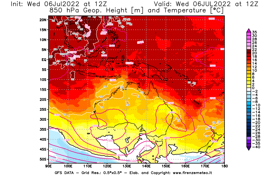 GFS analysi map - Geopotential [m] and Temperature [°C] at 850 hPa in Oceania
									on 06/07/2022 12 <!--googleoff: index-->UTC<!--googleon: index-->