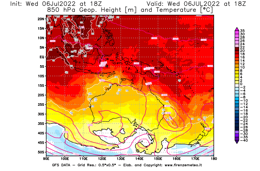 GFS analysi map - Geopotential [m] and Temperature [°C] at 850 hPa in Oceania
									on 06/07/2022 18 <!--googleoff: index-->UTC<!--googleon: index-->