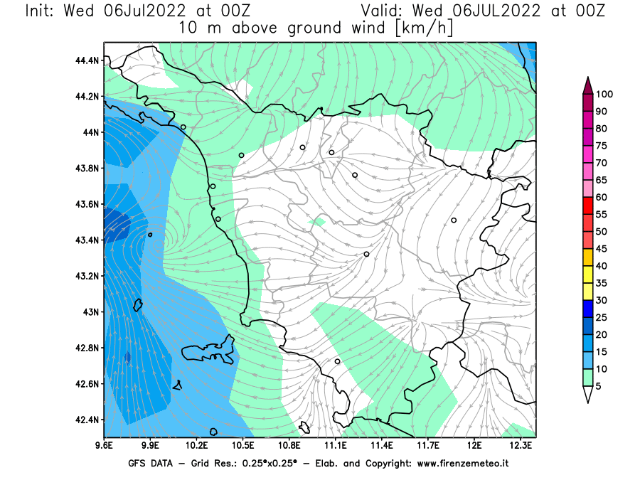 GFS analysi map - Wind Speed at 10 m above ground [km/h] in Tuscany
									on 06/07/2022 00 <!--googleoff: index-->UTC<!--googleon: index-->