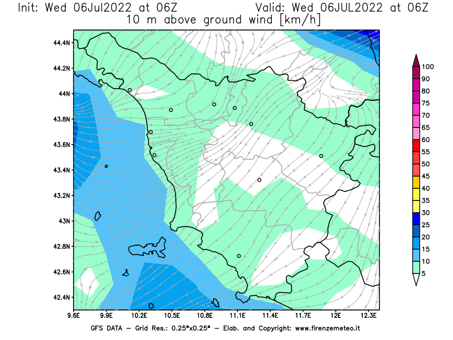 GFS analysi map - Wind Speed at 10 m above ground [km/h] in Tuscany
									on 06/07/2022 06 <!--googleoff: index-->UTC<!--googleon: index-->