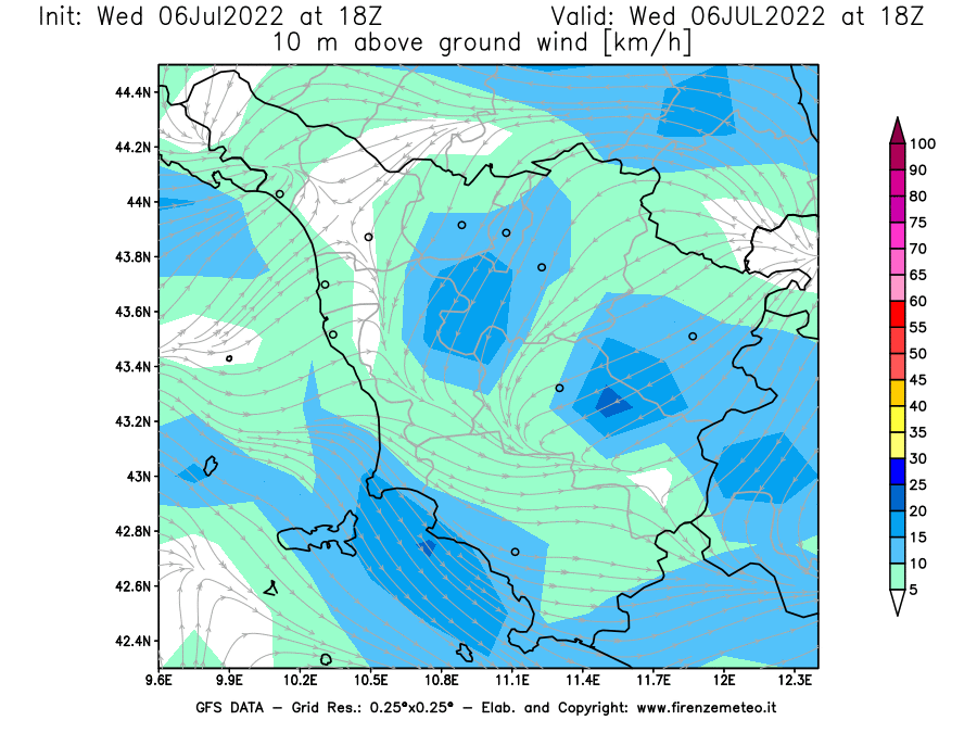 GFS analysi map - Wind Speed at 10 m above ground [km/h] in Tuscany
									on 06/07/2022 18 <!--googleoff: index-->UTC<!--googleon: index-->