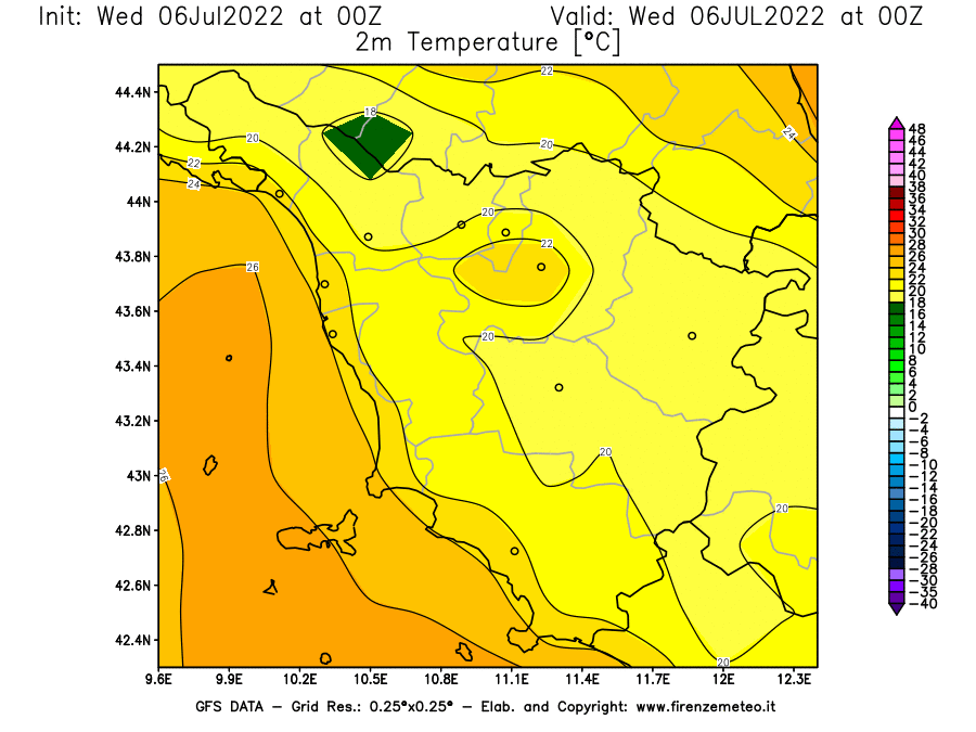 GFS analysi map - Temperature at 2 m above ground [°C] in Tuscany
									on 06/07/2022 00 <!--googleoff: index-->UTC<!--googleon: index-->