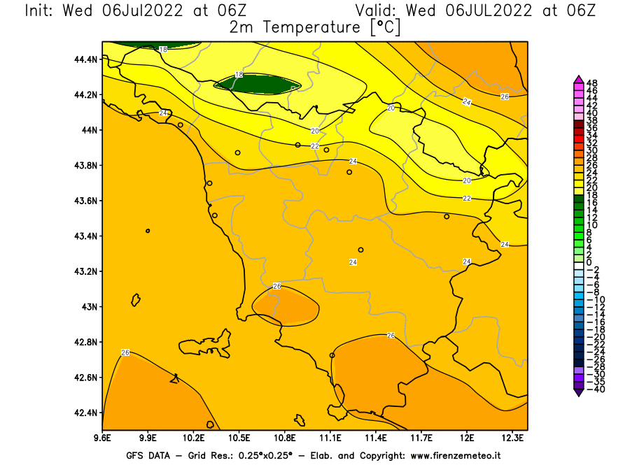GFS analysi map - Temperature at 2 m above ground [°C] in Tuscany
									on 06/07/2022 06 <!--googleoff: index-->UTC<!--googleon: index-->