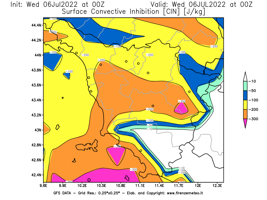 GFS analysi map - CIN [J/kg] in Tuscany
									on 06/07/2022 00 <!--googleoff: index-->UTC<!--googleon: index-->