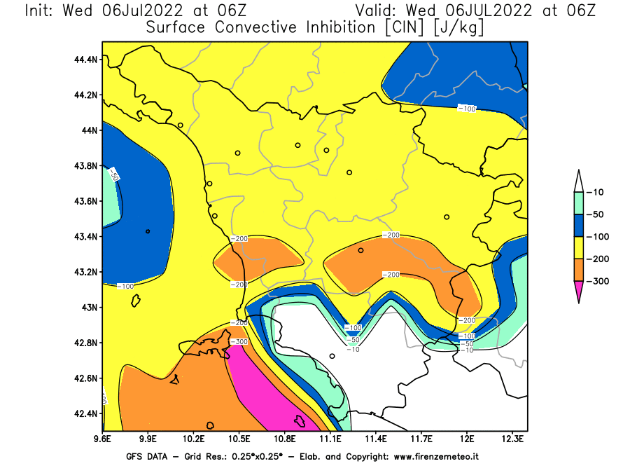 GFS analysi map - CIN [J/kg] in Tuscany
									on 06/07/2022 06 <!--googleoff: index-->UTC<!--googleon: index-->