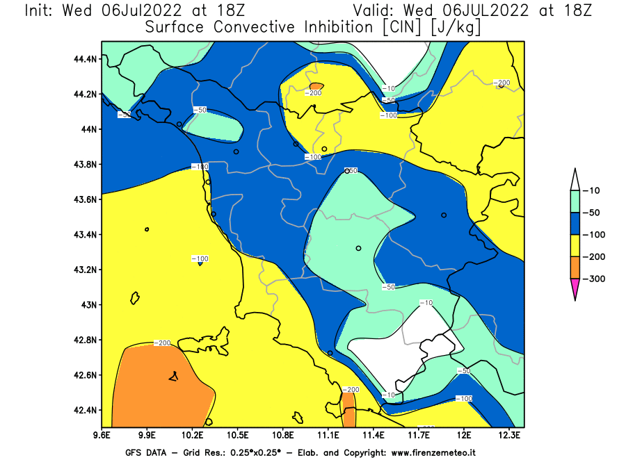 GFS analysi map - CIN [J/kg] in Tuscany
									on 06/07/2022 18 <!--googleoff: index-->UTC<!--googleon: index-->