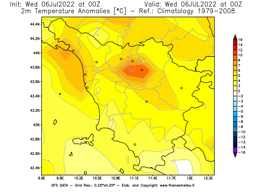 GFS analysi map - Temperature Anomalies [°C] at 2 m in Tuscany
									on 06/07/2022 00 <!--googleoff: index-->UTC<!--googleon: index-->