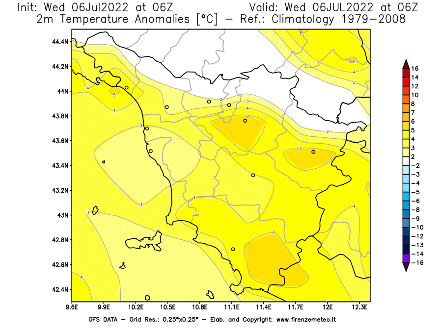 GFS analysi map - Temperature Anomalies [°C] at 2 m in Tuscany
									on 06/07/2022 06 <!--googleoff: index-->UTC<!--googleon: index-->