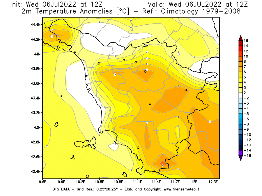 GFS analysi map - Temperature Anomalies [°C] at 2 m in Tuscany
									on 06/07/2022 12 <!--googleoff: index-->UTC<!--googleon: index-->