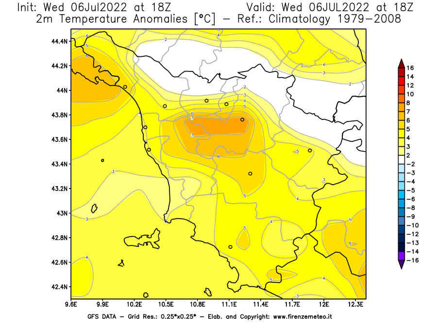 GFS analysi map - Temperature Anomalies [°C] at 2 m in Tuscany
									on 06/07/2022 18 <!--googleoff: index-->UTC<!--googleon: index-->