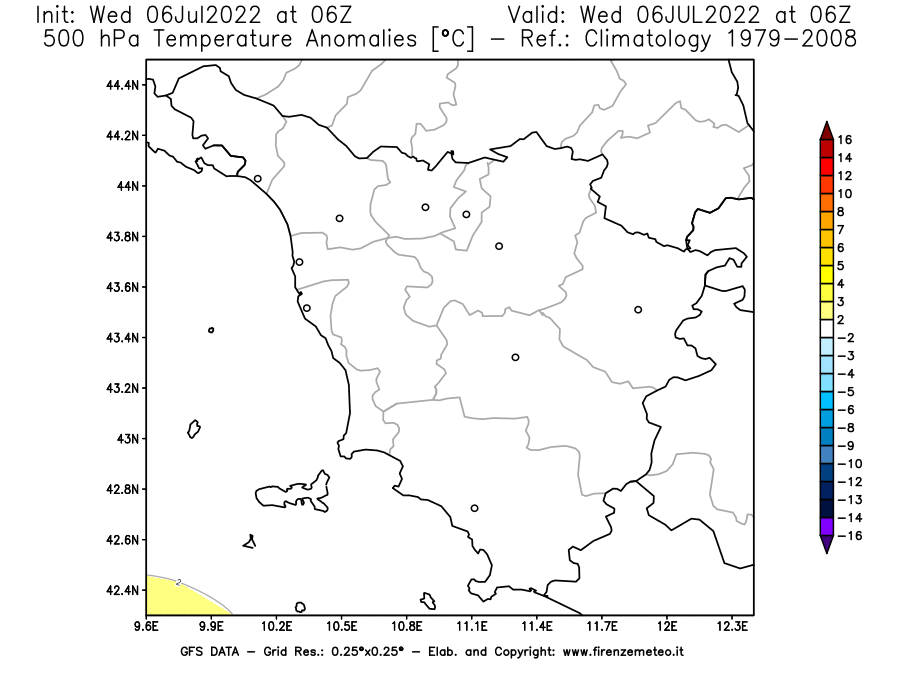 GFS analysi map - Temperature Anomalies [°C] at 500 hPa in Tuscany
									on 06/07/2022 06 <!--googleoff: index-->UTC<!--googleon: index-->