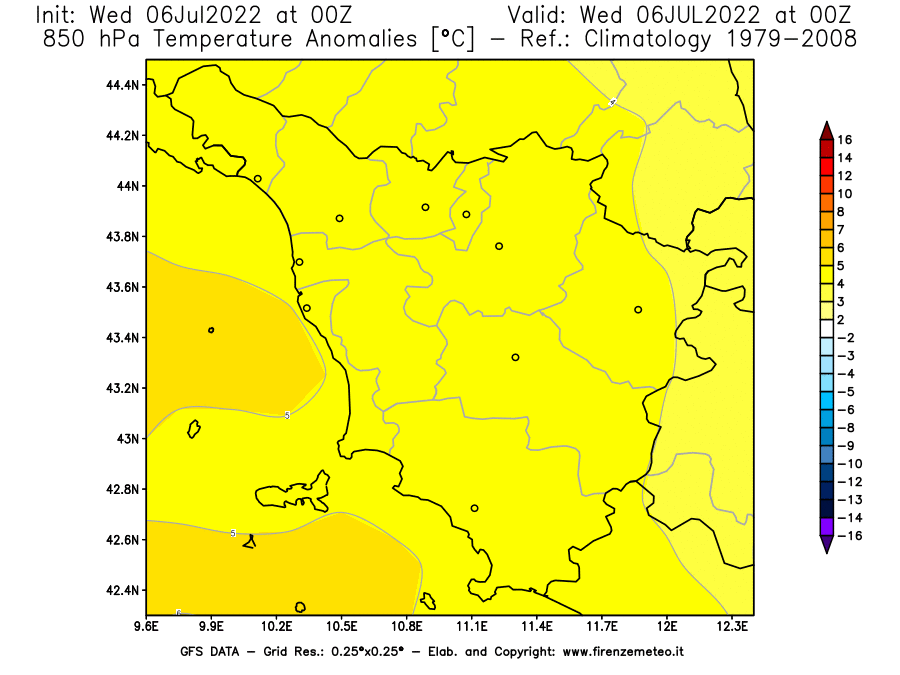 GFS analysi map - Temperature Anomalies [°C] at 850 hPa in Tuscany
									on 06/07/2022 00 <!--googleoff: index-->UTC<!--googleon: index-->
