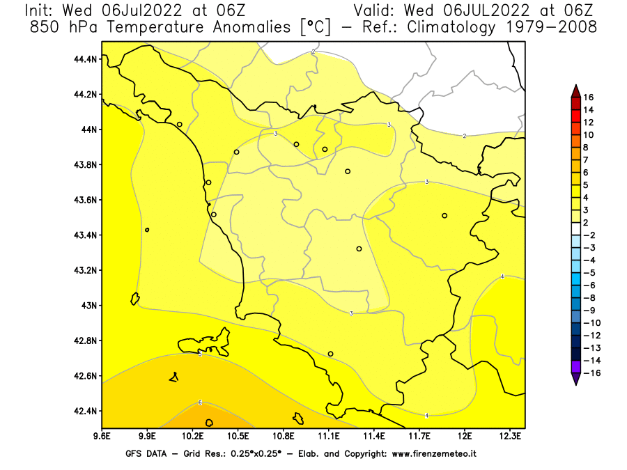 GFS analysi map - Temperature Anomalies [°C] at 850 hPa in Tuscany
									on 06/07/2022 06 <!--googleoff: index-->UTC<!--googleon: index-->