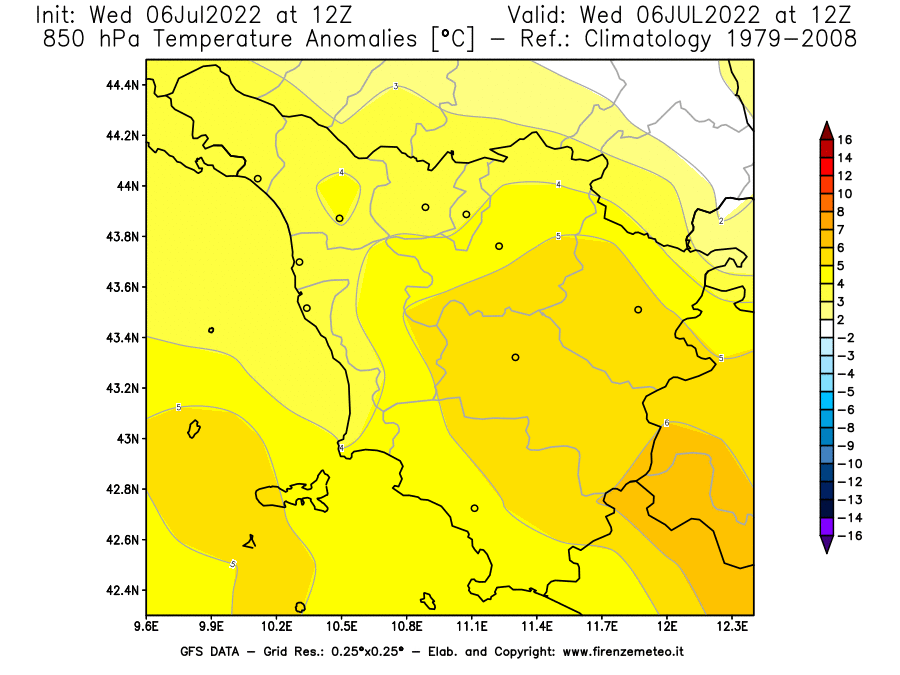GFS analysi map - Temperature Anomalies [°C] at 850 hPa in Tuscany
									on 06/07/2022 12 <!--googleoff: index-->UTC<!--googleon: index-->