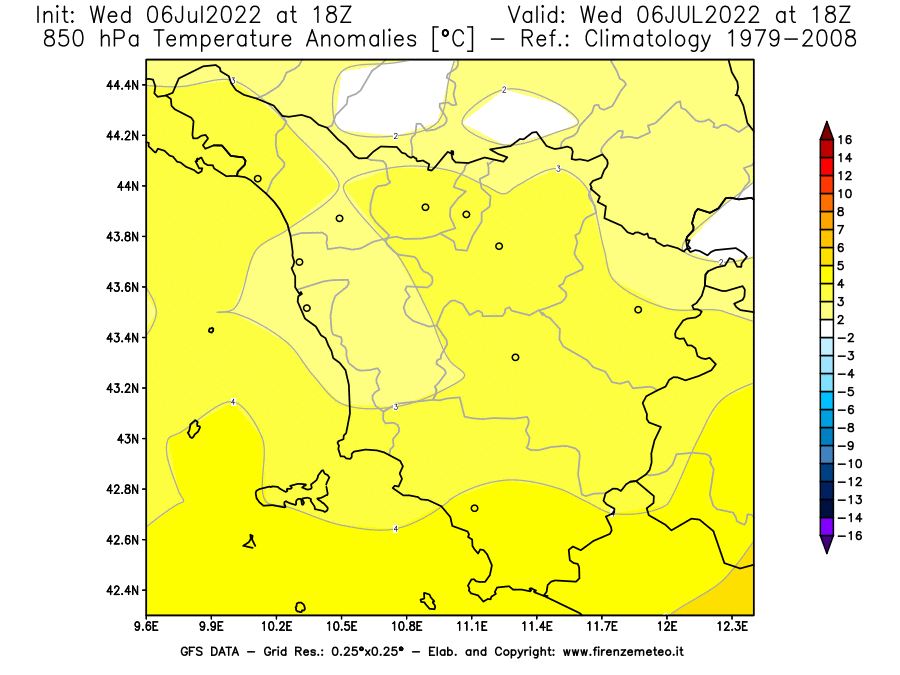 GFS analysi map - Temperature Anomalies [°C] at 850 hPa in Tuscany
									on 06/07/2022 18 <!--googleoff: index-->UTC<!--googleon: index-->