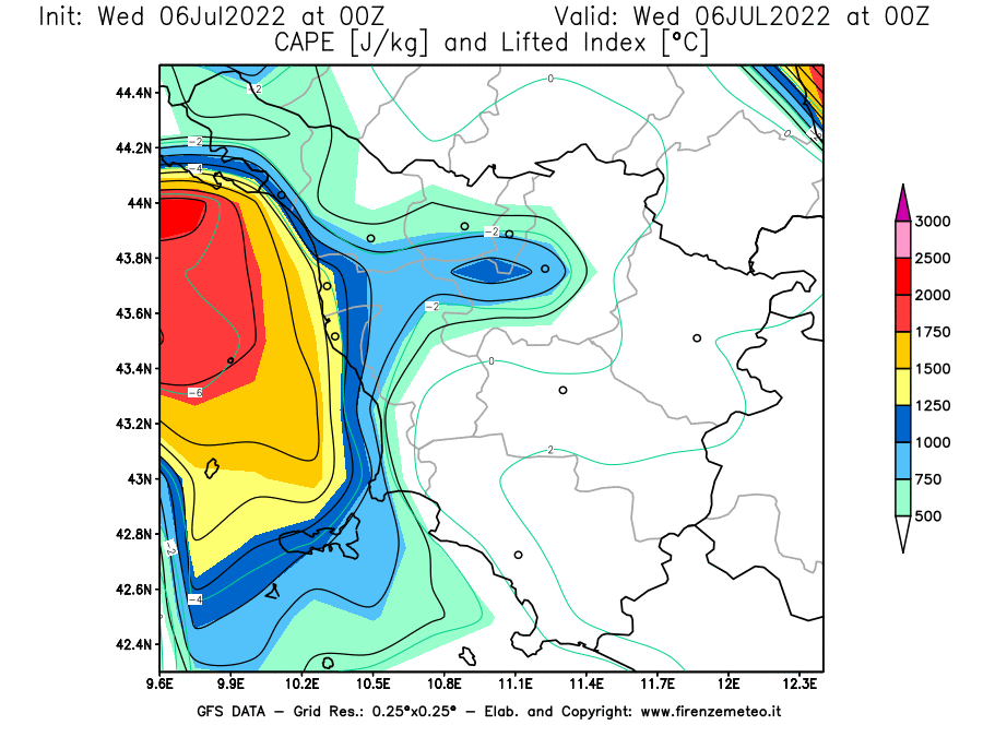 GFS analysi map - CAPE [J/kg] and Lifted Index [°C] in Tuscany
									on 06/07/2022 00 <!--googleoff: index-->UTC<!--googleon: index-->