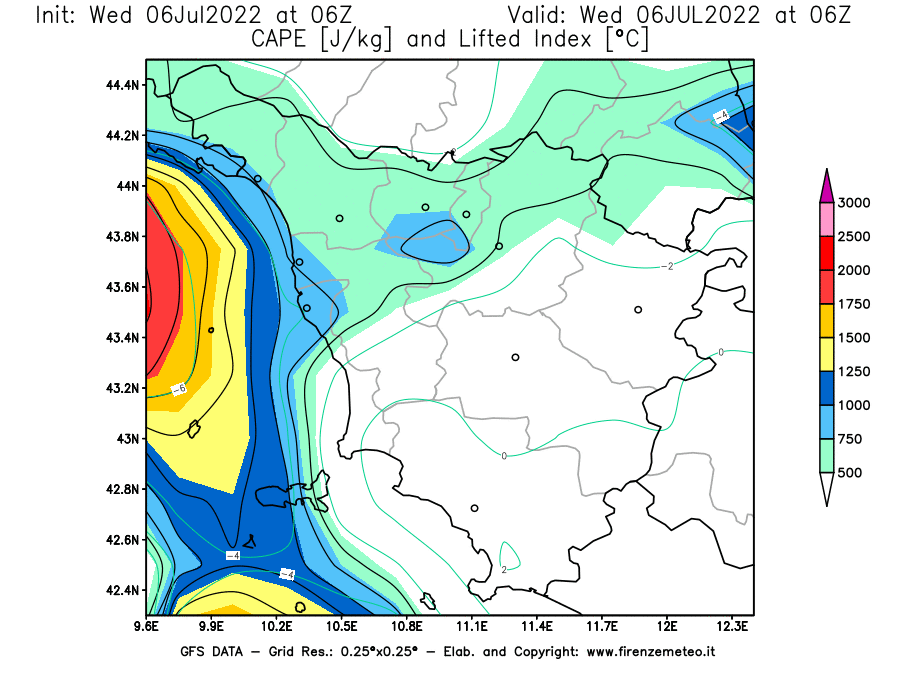 GFS analysi map - CAPE [J/kg] and Lifted Index [°C] in Tuscany
									on 06/07/2022 06 <!--googleoff: index-->UTC<!--googleon: index-->