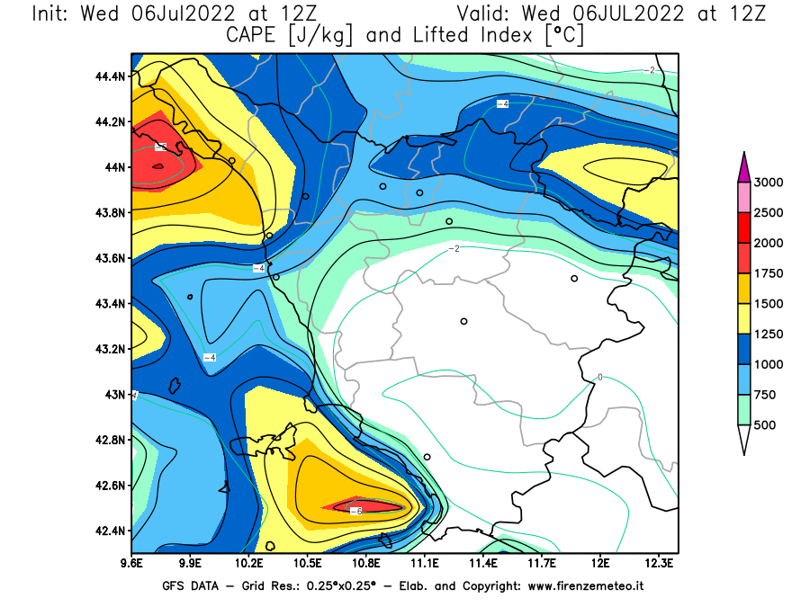 GFS analysi map - CAPE [J/kg] and Lifted Index [°C] in Tuscany
									on 06/07/2022 12 <!--googleoff: index-->UTC<!--googleon: index-->