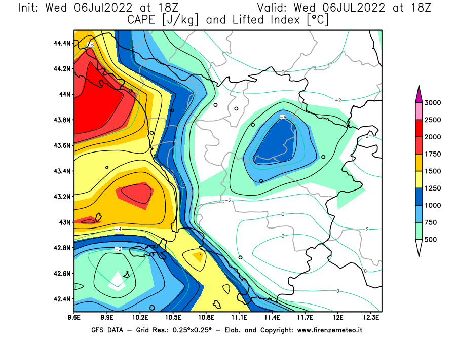 GFS analysi map - CAPE [J/kg] and Lifted Index [°C] in Tuscany
									on 06/07/2022 18 <!--googleoff: index-->UTC<!--googleon: index-->
