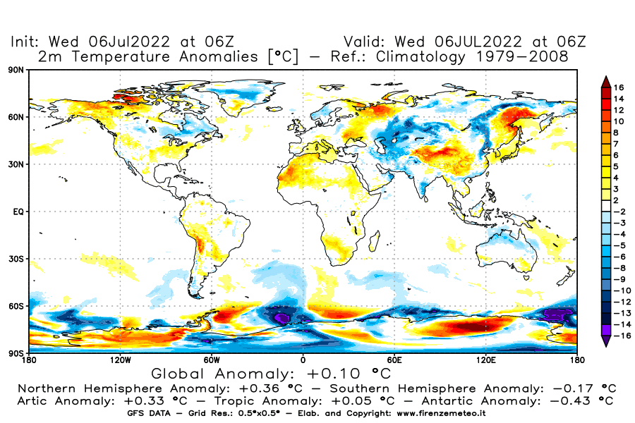 GFS analysi map - Temperature Anomalies [°C] at 2 m in World
									on 06/07/2022 06 <!--googleoff: index-->UTC<!--googleon: index-->