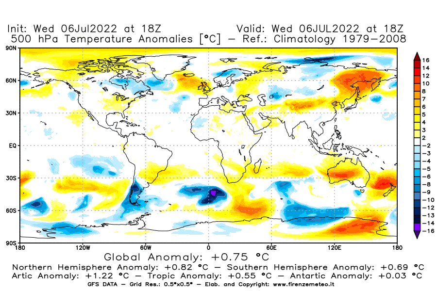 GFS analysi map - Temperature Anomalies [°C] at 500 hPa in World
									on 06/07/2022 18 <!--googleoff: index-->UTC<!--googleon: index-->