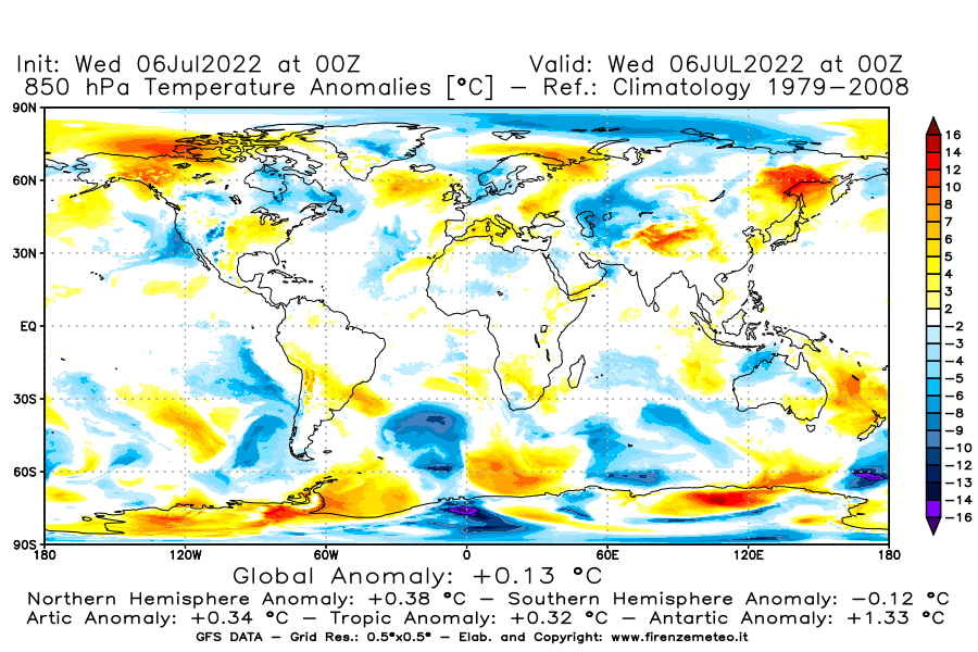 GFS analysi map - Temperature Anomalies [°C] at 850 hPa in World
									on 06/07/2022 00 <!--googleoff: index-->UTC<!--googleon: index-->