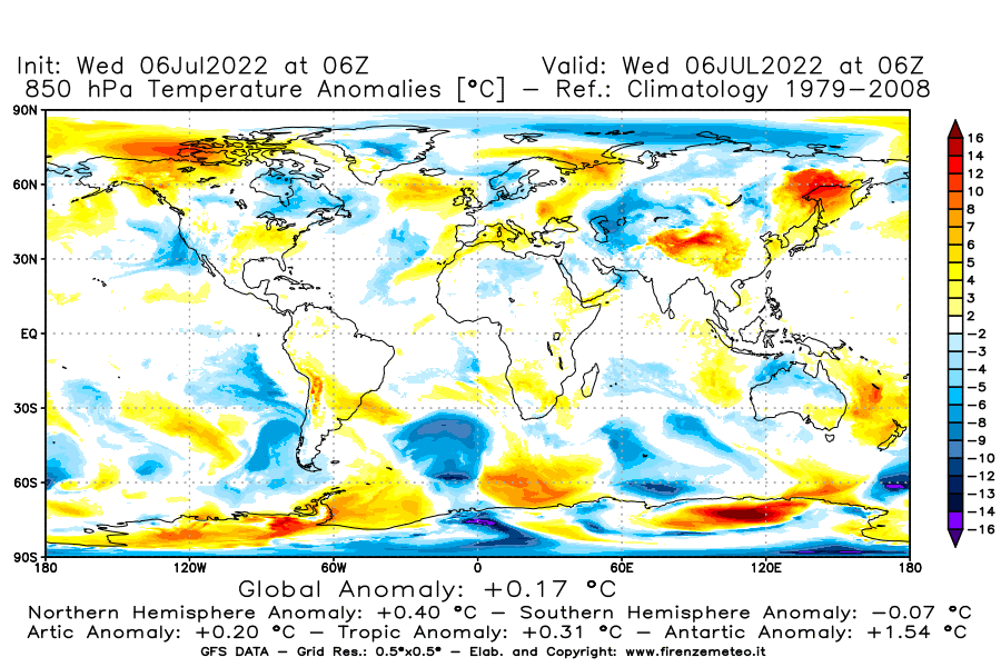 GFS analysi map - Temperature Anomalies [°C] at 850 hPa in World
									on 06/07/2022 06 <!--googleoff: index-->UTC<!--googleon: index-->