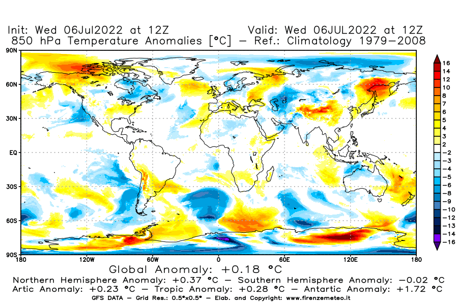 GFS analysi map - Temperature Anomalies [°C] at 850 hPa in World
									on 06/07/2022 12 <!--googleoff: index-->UTC<!--googleon: index-->