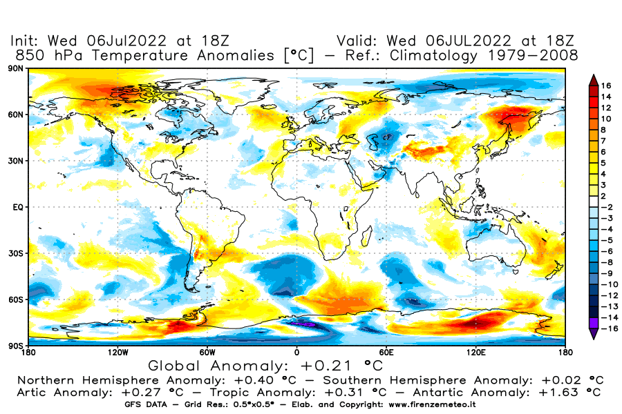 GFS analysi map - Temperature Anomalies [°C] at 850 hPa in World
									on 06/07/2022 18 <!--googleoff: index-->UTC<!--googleon: index-->
