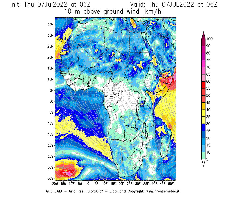 GFS analysi map - Wind Speed at 10 m above ground [km/h] in Africa
									on 07/07/2022 06 <!--googleoff: index-->UTC<!--googleon: index-->