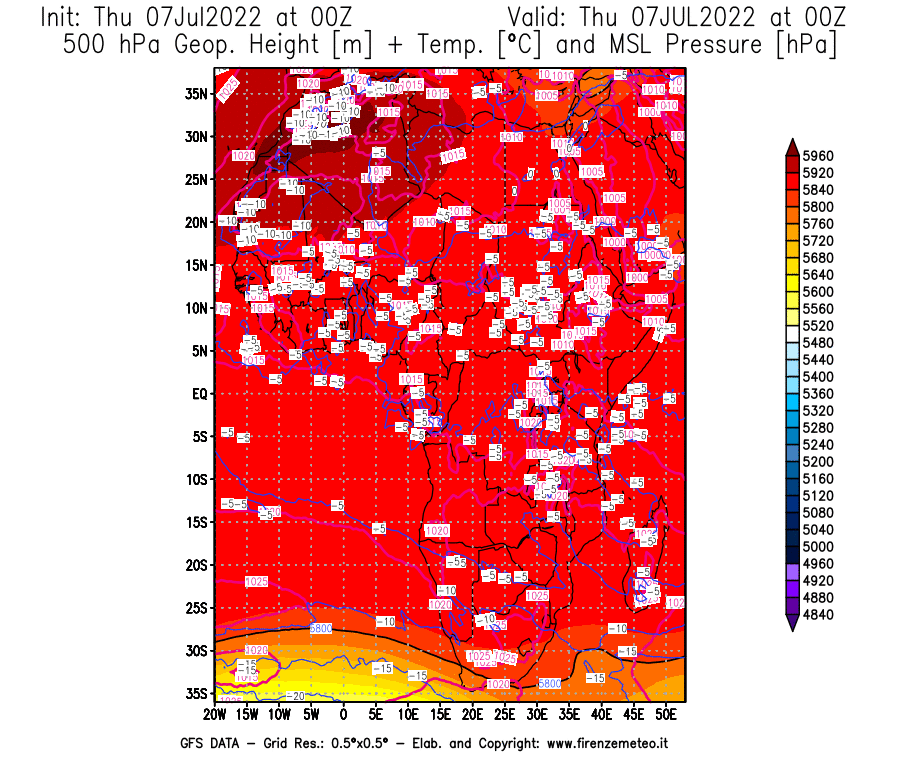 GFS analysi map - Geopotential [m] + Temp. [°C] at 500 hPa + Sea Level Pressure [hPa] in Africa
									on 07/07/2022 00 <!--googleoff: index-->UTC<!--googleon: index-->