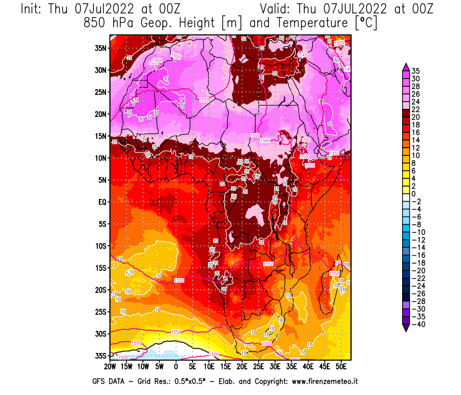 GFS analysi map - Geopotential [m] and Temperature [°C] at 850 hPa in Africa
									on 07/07/2022 00 <!--googleoff: index-->UTC<!--googleon: index-->