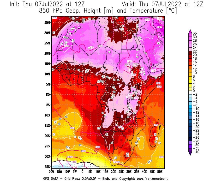 GFS analysi map - Geopotential [m] and Temperature [°C] at 850 hPa in Africa
									on 07/07/2022 12 <!--googleoff: index-->UTC<!--googleon: index-->