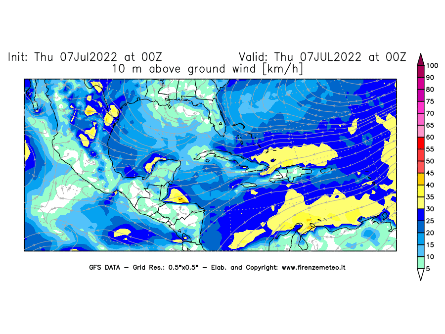 GFS analysi map - Wind Speed at 10 m above ground [km/h] in Central America
									on 07/07/2022 00 <!--googleoff: index-->UTC<!--googleon: index-->