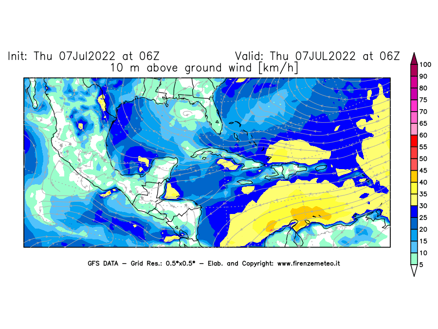 GFS analysi map - Wind Speed at 10 m above ground [km/h] in Central America
									on 07/07/2022 06 <!--googleoff: index-->UTC<!--googleon: index-->