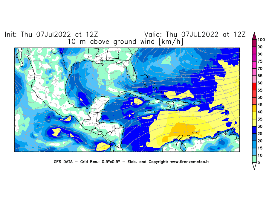 GFS analysi map - Wind Speed at 10 m above ground [km/h] in Central America
									on 07/07/2022 12 <!--googleoff: index-->UTC<!--googleon: index-->