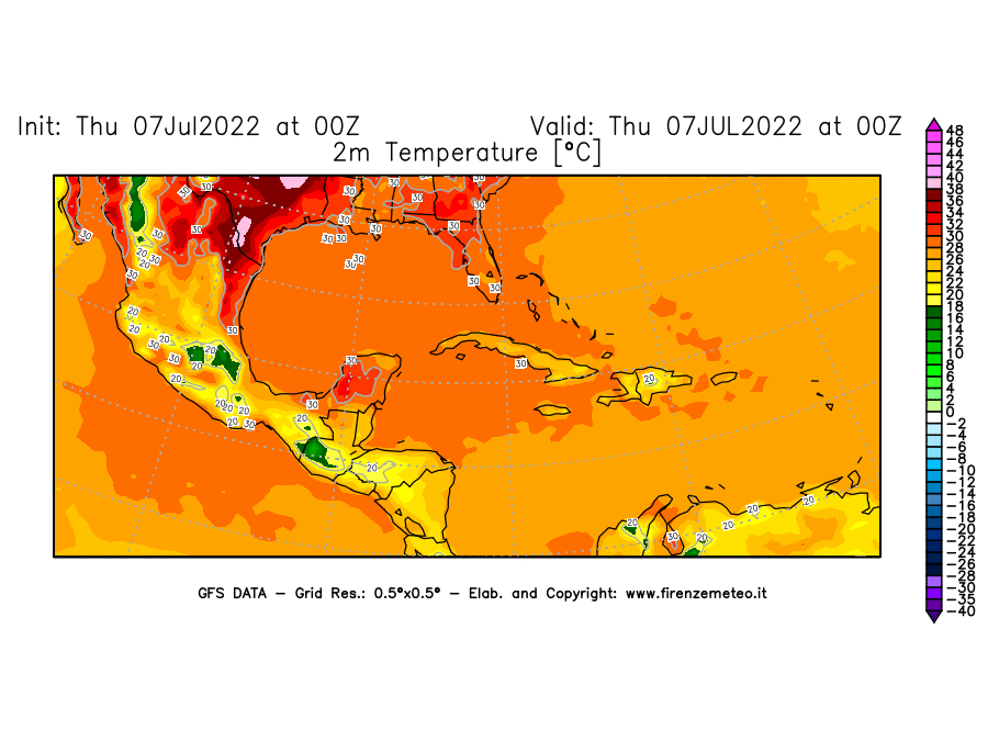 GFS analysi map - Temperature at 2 m above ground [°C] in Central America
									on 07/07/2022 00 <!--googleoff: index-->UTC<!--googleon: index-->