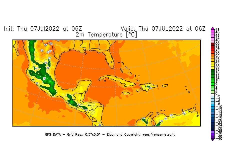 GFS analysi map - Temperature at 2 m above ground [°C] in Central America
									on 07/07/2022 06 <!--googleoff: index-->UTC<!--googleon: index-->