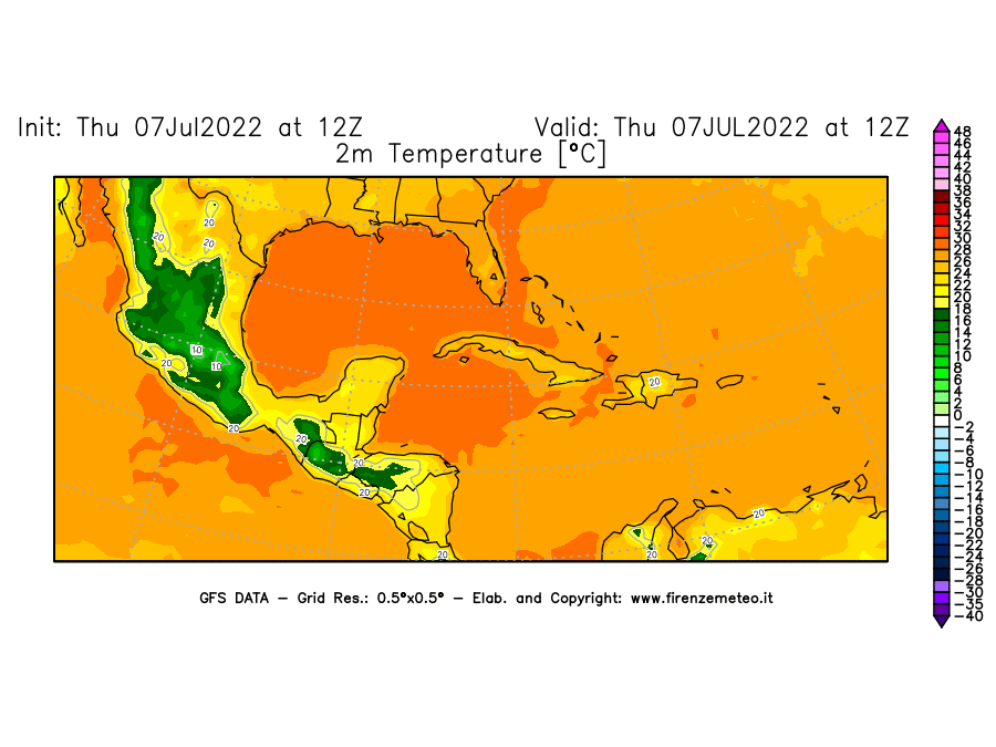 GFS analysi map - Temperature at 2 m above ground [°C] in Central America
									on 07/07/2022 12 <!--googleoff: index-->UTC<!--googleon: index-->