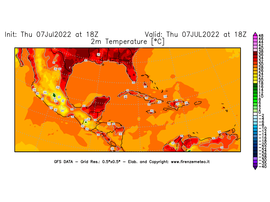 GFS analysi map - Temperature at 2 m above ground [°C] in Central America
									on 07/07/2022 18 <!--googleoff: index-->UTC<!--googleon: index-->