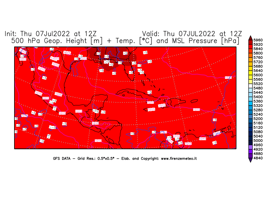 GFS analysi map - Geopotential [m] + Temp. [°C] at 500 hPa + Sea Level Pressure [hPa] in Central America
									on 07/07/2022 12 <!--googleoff: index-->UTC<!--googleon: index-->